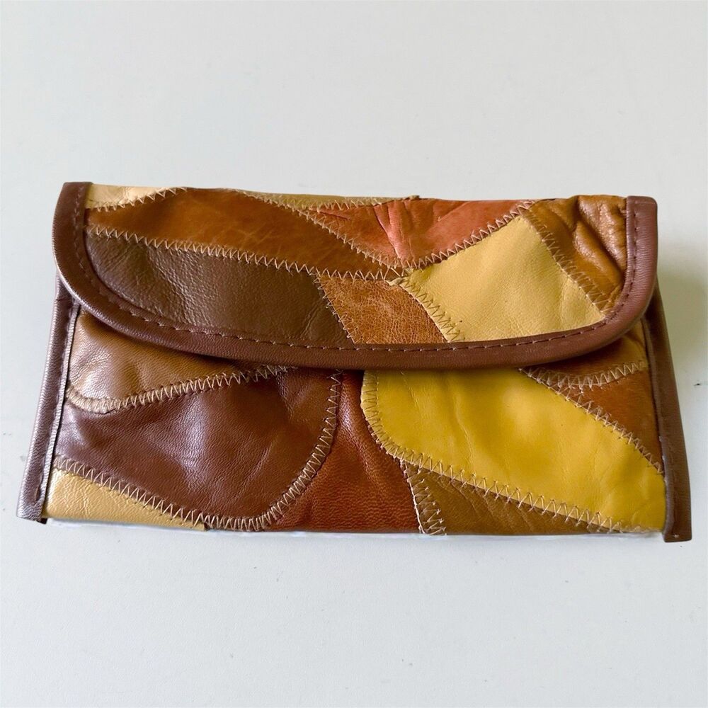 Vintage Lambskin Buttery Soft Leather Stitched Patchwork Wallet Brown Tan Earth